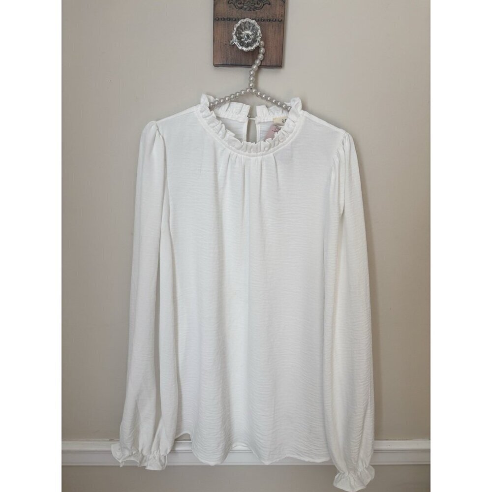 NWT Ott Brand Womens Size L Blouse Off White Long Sleeve Ruffle Trim